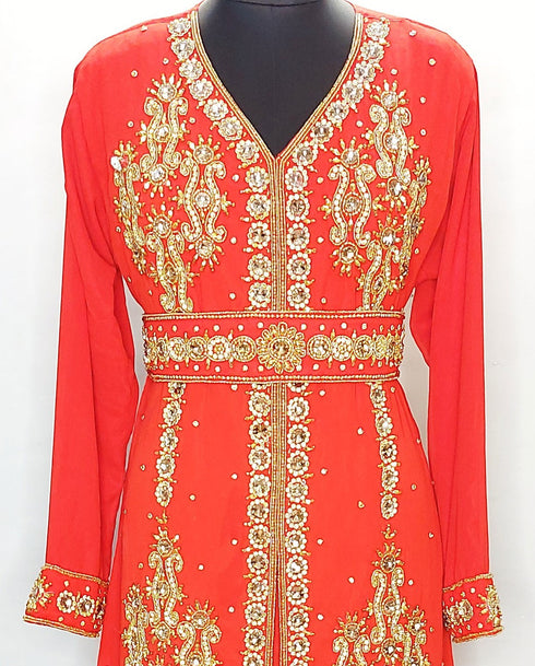 Red luxurious Moroccan Kaftan With Sun-proof hijab.