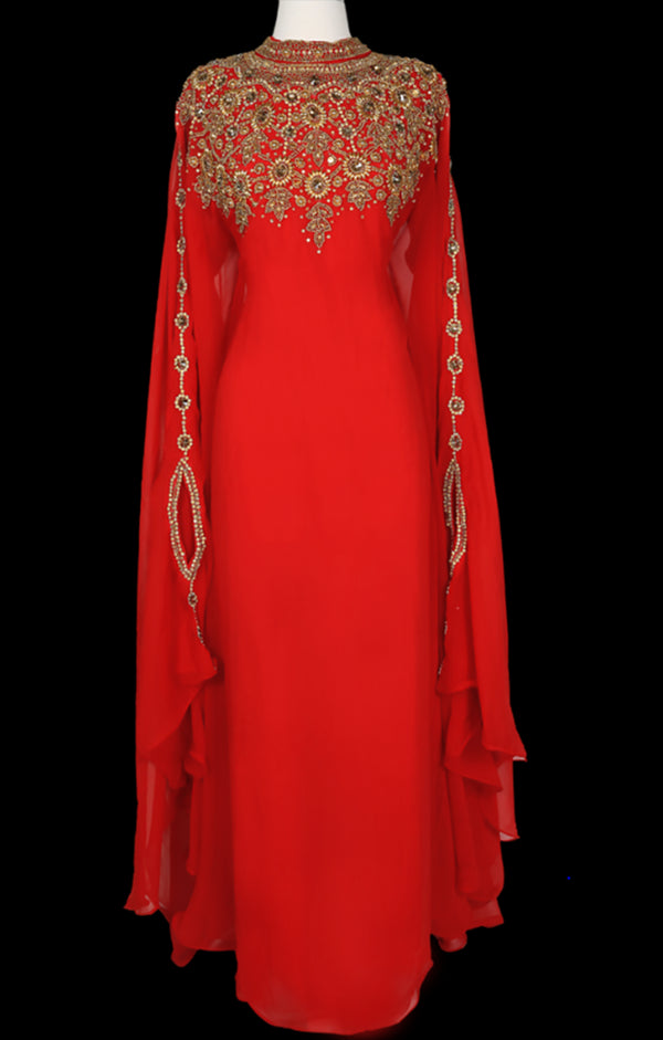 Grand Bridal Red Moroccan Kaftan Gown with Heavy Gold Zari Work & Hijab | Event Dress