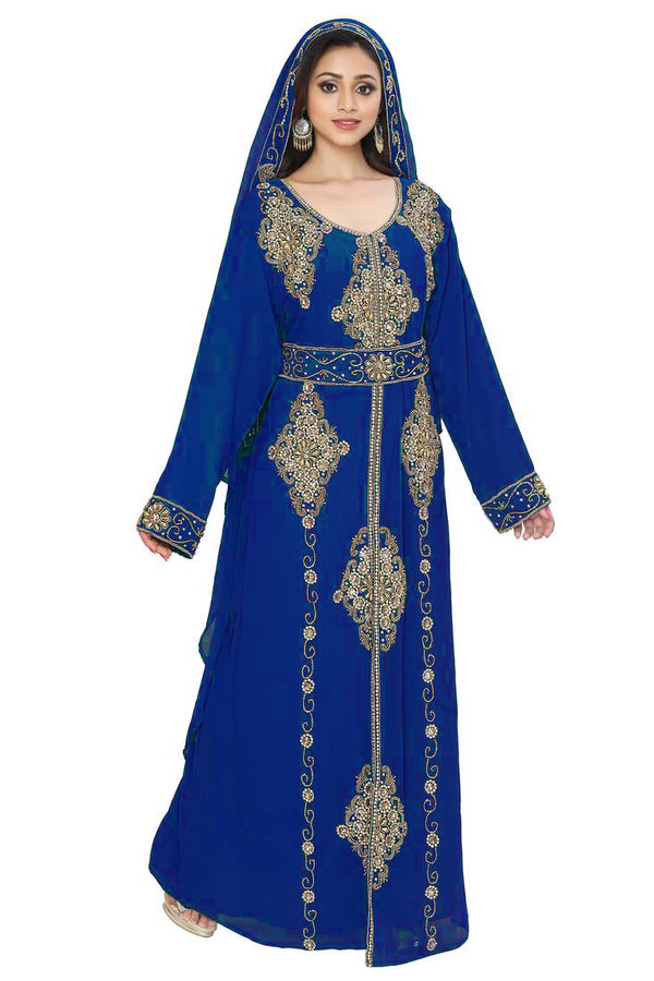 Royal Blue luxurious Full Sleeves Handmade Moroccan Kaftan Style Embroidered zari work hijab