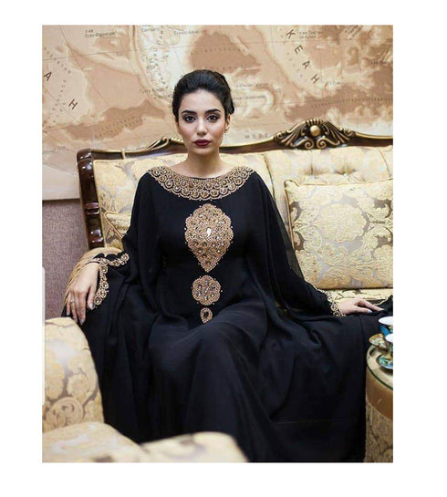 Grand Black Kaftan Gown with Gold Zari Embroidery | Elegant Party Wear Dress