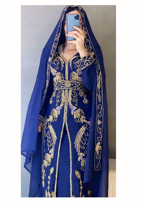 Royal Blue Georgette Stone and Zari Work Kaftan