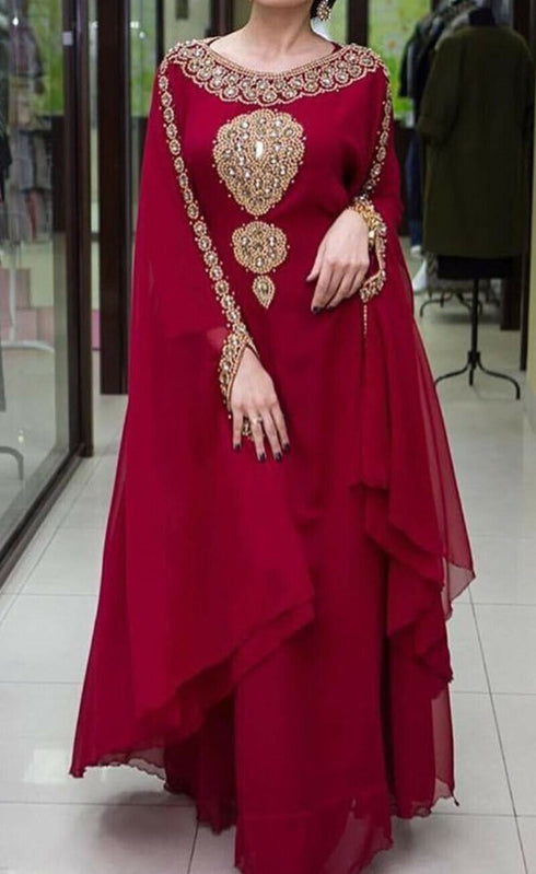 Maroon Georgette Golden Beads Embriodered Kaftan