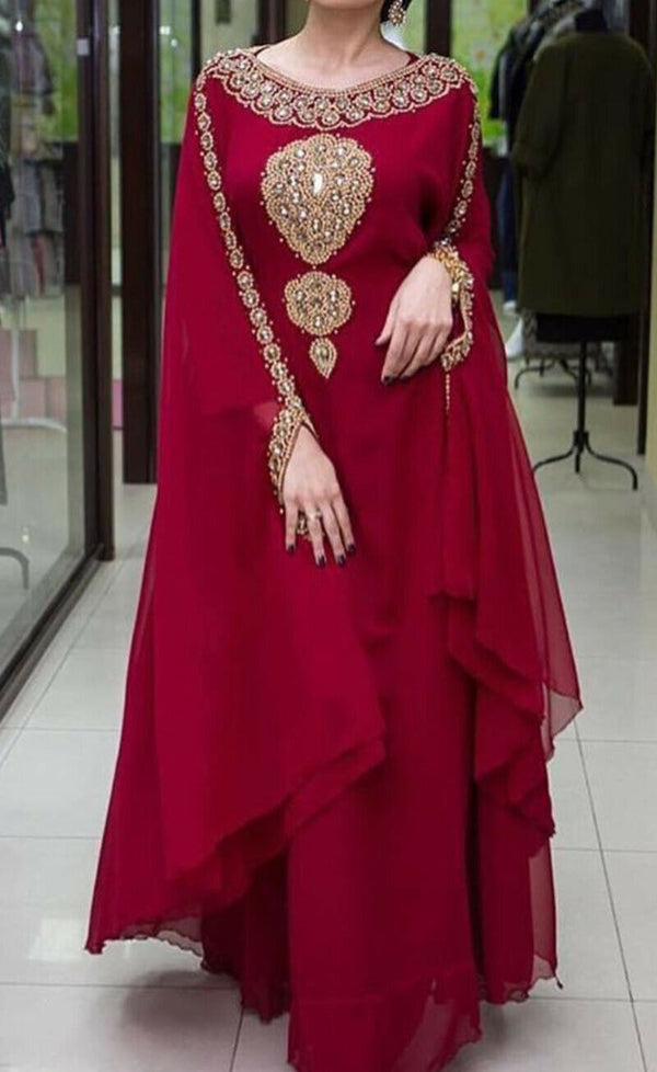Maroon Georgette Golden Beads Embriodered Kaftan