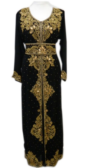 Black Beads and Stone Work Georgette Hand Stiched Arab Moroccan Kaftan