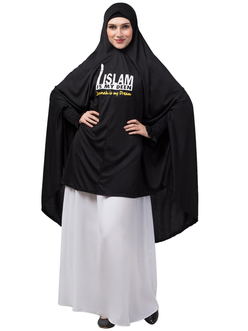janab e aala stretchable jilbab hijab - printed calligraphy, black full sleeve, knee length