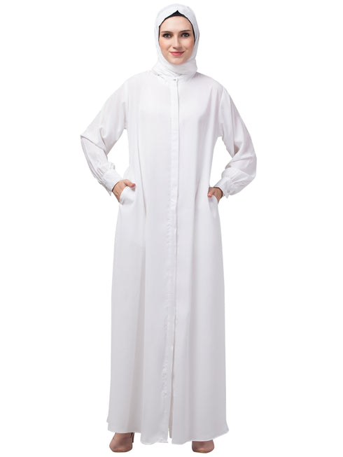 White front open casual Abaya with cuff at sleeve