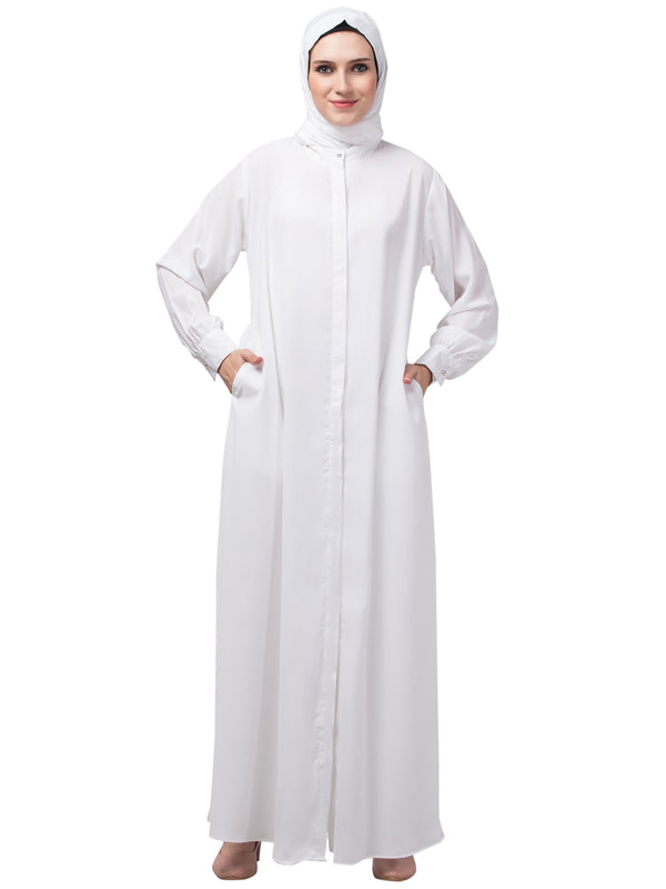White front open casual Abaya with cuff at sleeve