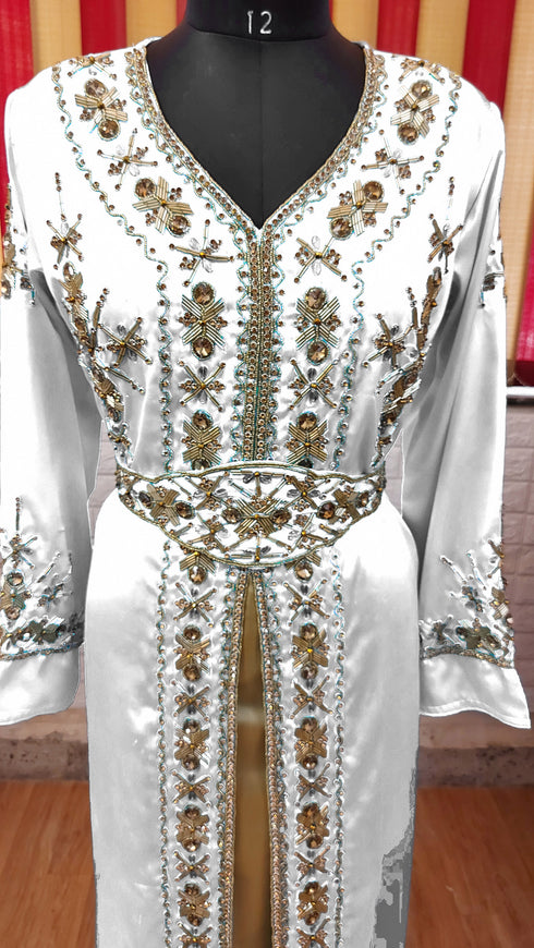 White inner light gold color luxurious Full Sleeves Handmade Moroccan Kaftan.
