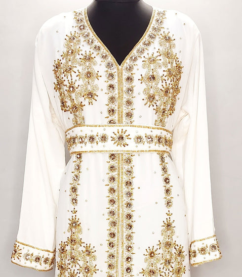 Elegant White and Gold Georgette Hand-Embroidered Moroccan Kaftan