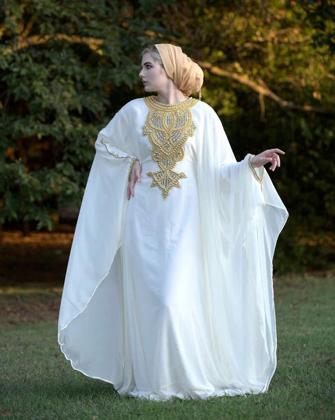 SALE!! New Embellished Silver & gold Beaded Stone Moroccan Floweriness Dubai Georgette Kaftan Takshita Var